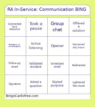 RA In-Service: Communication BING Bingo Card