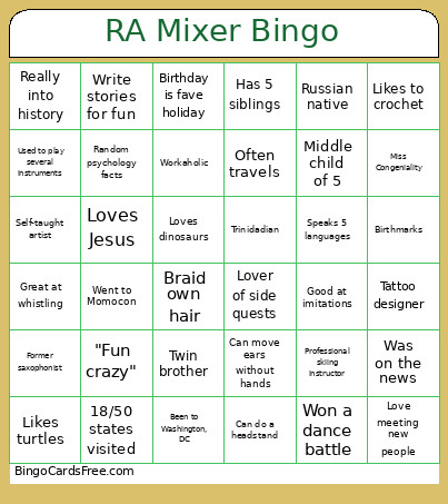 RA Mixer Bingo Card