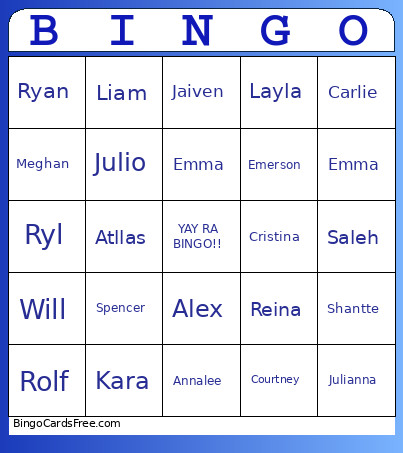 RA Name Bingo Card