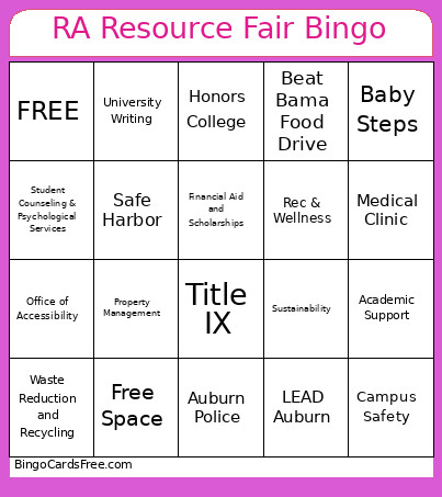 RA Resource Fair Bingo Card