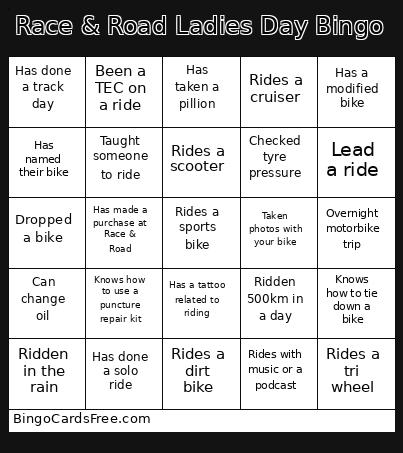 Race & Road Ladies Day Bingo