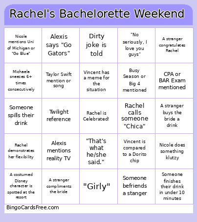 Rachel's Bachelorette Weekend Bingo Card