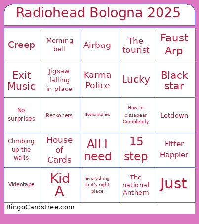 Radiohead Bologna 2025 Bingo Card