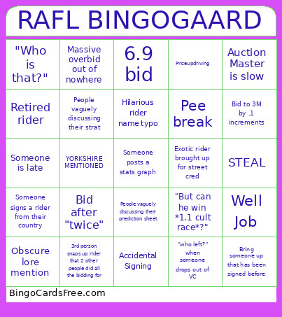 RAFL Auction Bingo Card