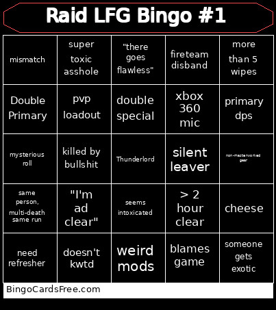 Raid LFG #1 Bingo Card