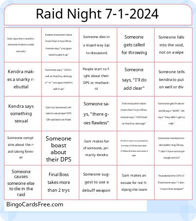 Raid Night Bingo Cards Free Pdf Printable Game, Title: Raid Night 7-1-2024