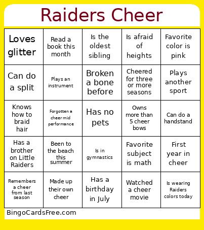 Raiders Cheer Bingo