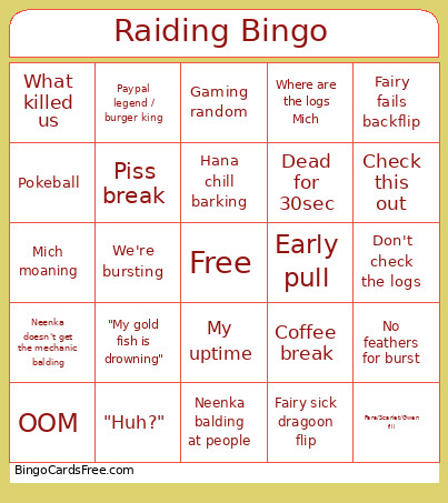 Raiding Bingo Card