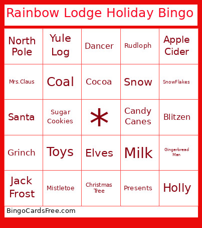 Rainbow Lodge Holiday Bingo Card
