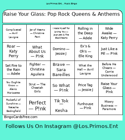 Raise Your Glass: Pop Rock Queens & Anthems Bingo Card