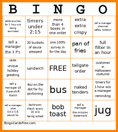 Raising Canes Bingo Card