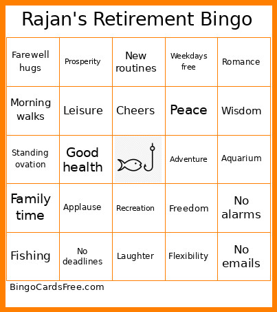 Rajan's Retirement Bingo Card