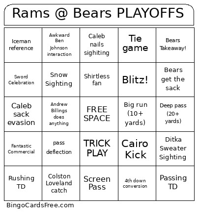 Rams @ Bears PLAYOFFS Bingo Card
