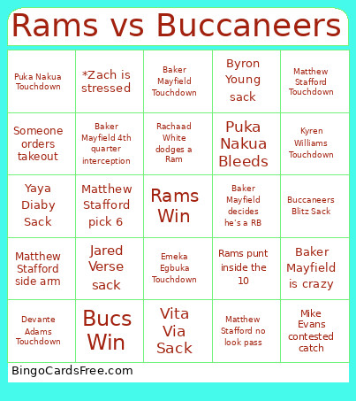 Rams Vs Buccaneers Bingo Card
