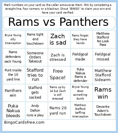Rams Vs Panthers Bingo Card
