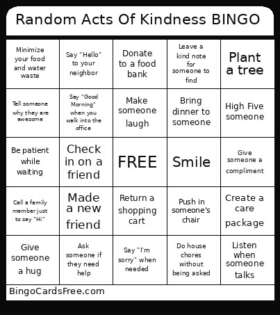 Random Acts Of Kindness Bingo Card