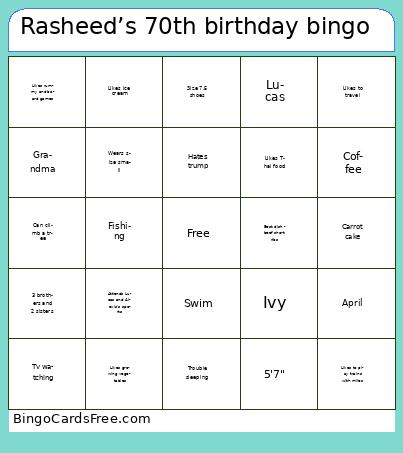 Rasheed’s 70th Birthday Bingo  Cards Free Pdf Printable Game, Title: Rasheed’s 70th birthday bingo 