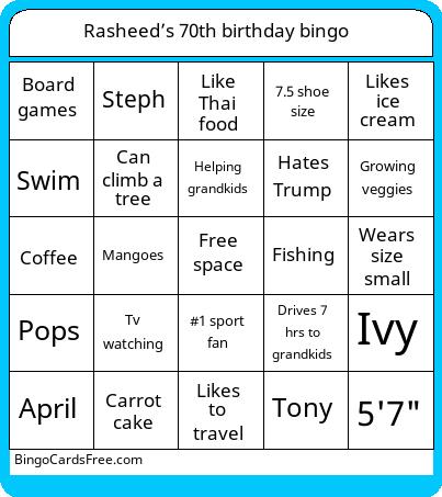 Rasheed’s 70th birthday bingo 