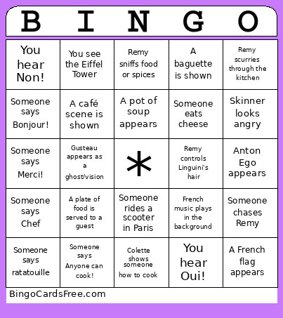Ratatouille Bingo Card