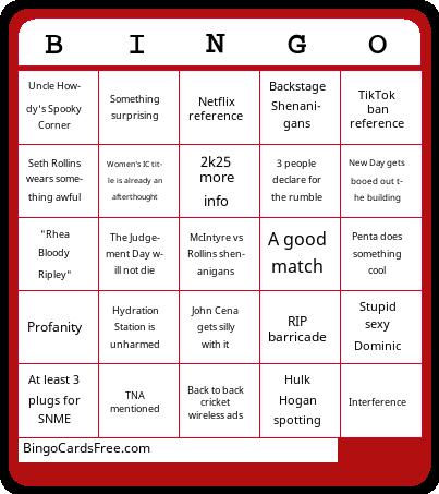 RAW 1/20/25 Bingo Cards Free Pdf Printable Game, Title: BINGO