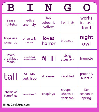Rayne’s Bingo Card