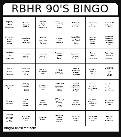 RBHR 90'S Bingo Card