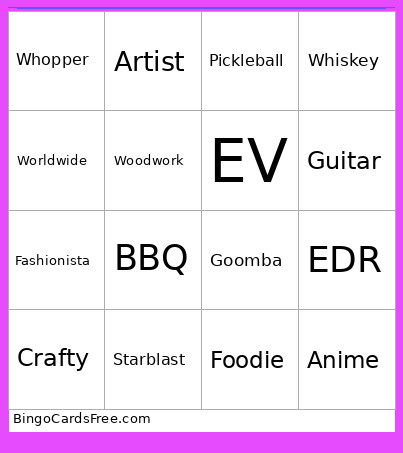 RBWED Bingo Card