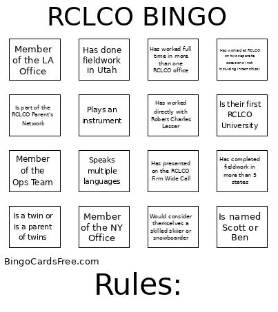 RCLCO Bingo Card