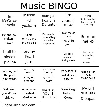 Re Playlist Bingo Card