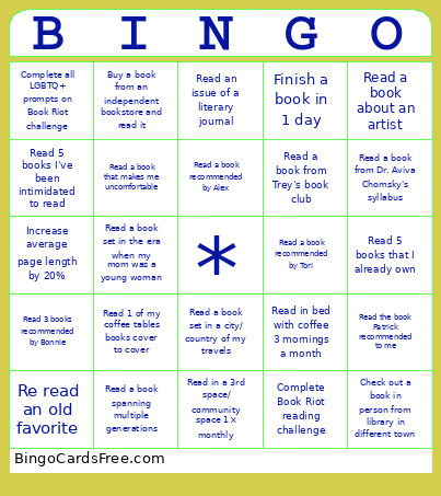Reading Bingo Card