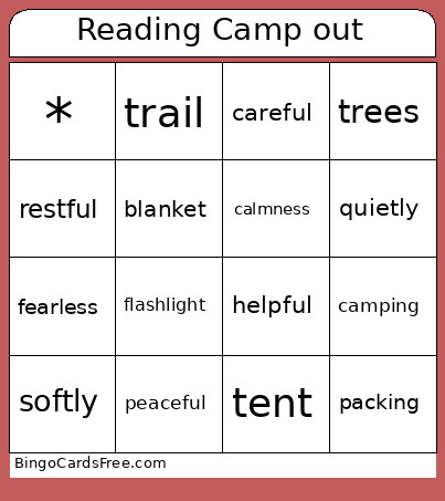 Reading Camp Out Bingo Card