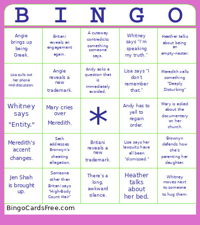 Real Housewives Bingo Card