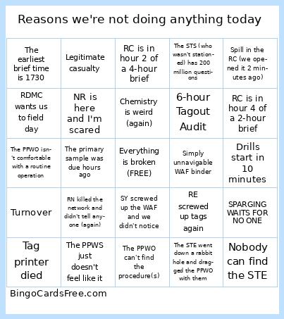 Reasons we're not doing anything today Bingo