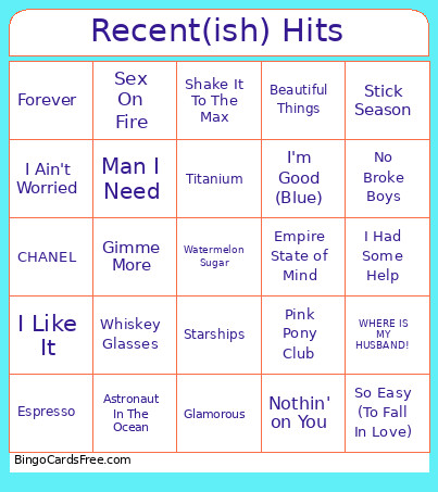 Recent(ish) Hits Bingo Card