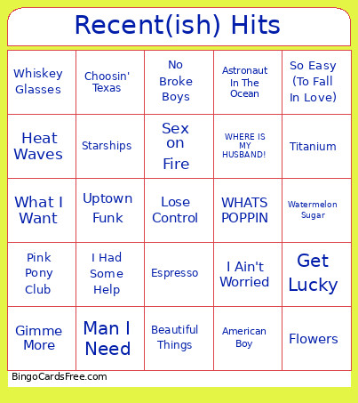 Recent(ish) Hits Bingo Card