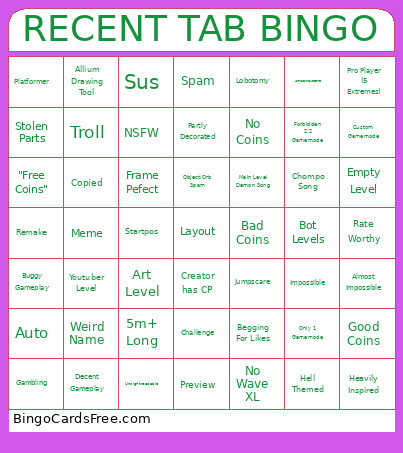 Recent Tab (XL) Bingo Card