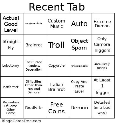Recent Tab Gd Bingo Card