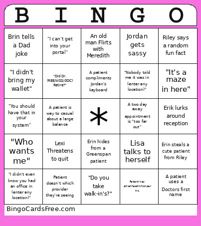 Reception Bingo Card