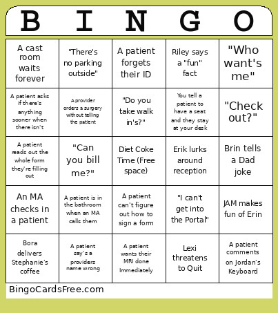 Reception Bingo Card