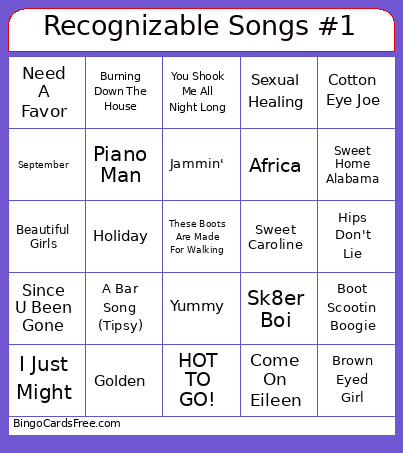 Recognizable Songs #1 76 Songs Bingo Card