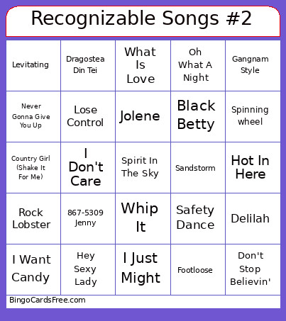 Recognizable Songs #2 76 Songs Bingo Card