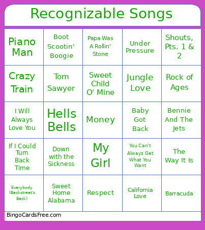 Recognizable Songs Bingo Card
