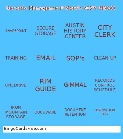 RIMGO Bingo Cards Free Pdf Printable Game, Title: Records Management Month 2025 BINGO