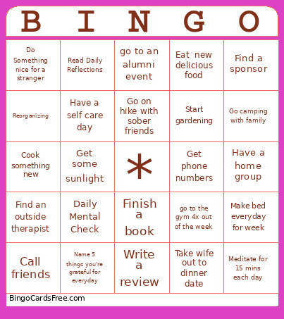 Recovery Bingo Card