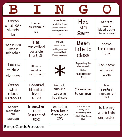 Red Cross Get To Know You Bingo Card