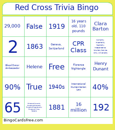 Red Cross Trivia Bingo Card