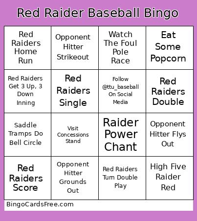 Red Raider Baseball Bingo Card