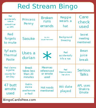 Red Stream Bingo Card