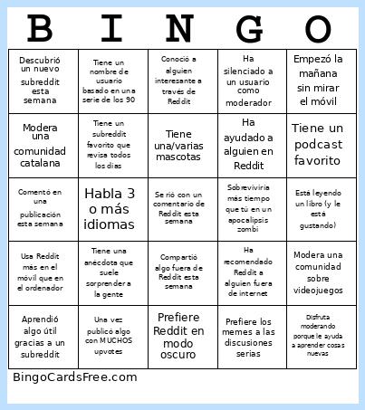 Reddit Bingo Card