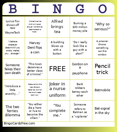 Reel Classics: The Dark Knight, 2008 Bingo Card